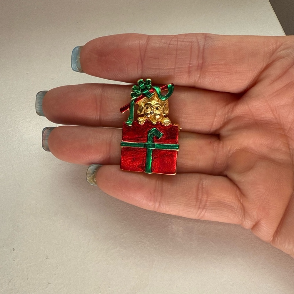 Vintage Festive Red and Green Puppy in Gift Box Brooch